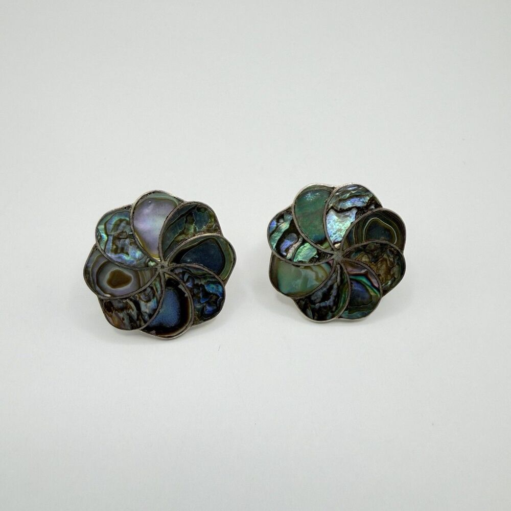 Vintage 925 Sterling Silver Abalone Shell Flower Screw Back Earrings Mexico